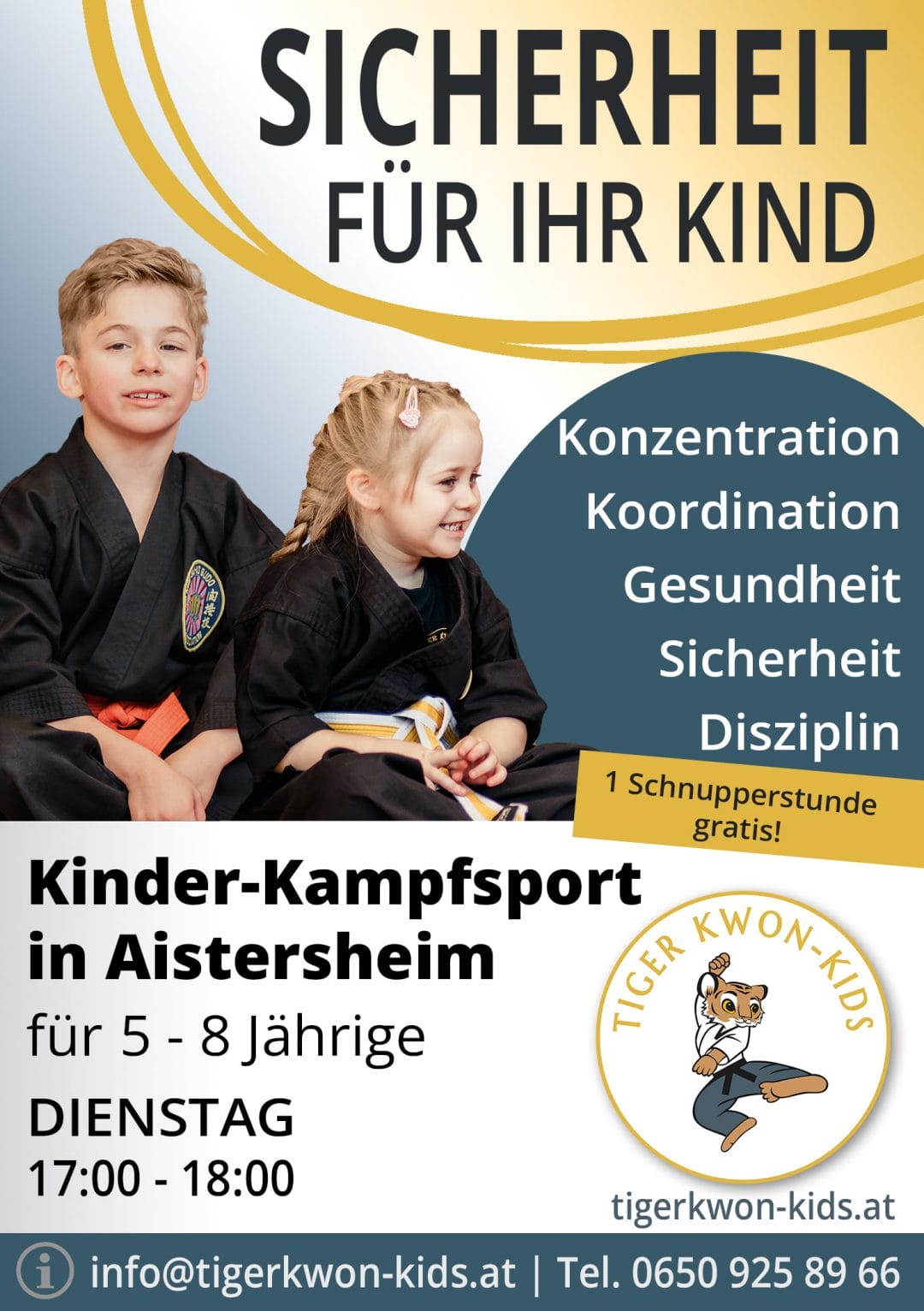 Flyer des Tiger Kwon - Kids Standorts in Aistersheim mit Informationen zu Trainingsort und -zeit, illustriert durch fröhliche Jungen und Mädchen.