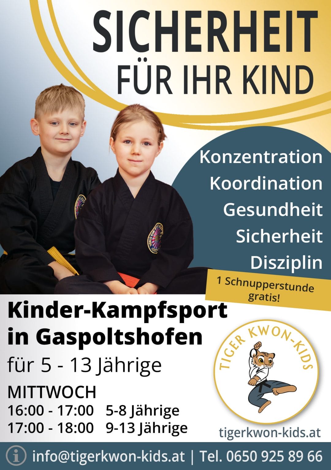 Flyer des Tiger Kwon - Kids Standorts in Gaspoltshofen mit Informationen zu Trainingsort und -zeit, illustriert durch fröhliche Jungen und Mädchen.