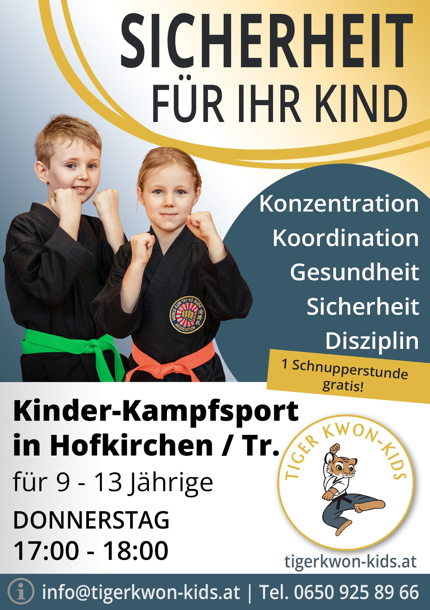 Flyer des Tiger Kwon - Kids Standorts in Hofkirchen an der Trattnach mit Informationen zu Trainingsort und -zeit, illustriert durch fröhliche Jungen und Mädchen.
