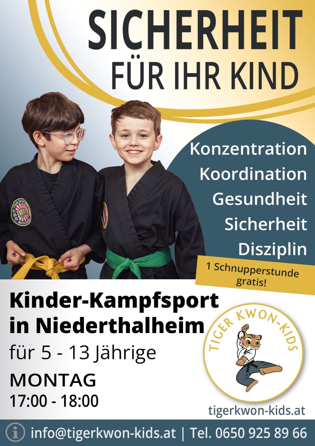 Flyer des Tiger Kwon - Kids Standorts in Niederthalheim mit Informationen zu Trainingsort und -zeit, illustriert durch fröhliche Jungen und Mädchen.