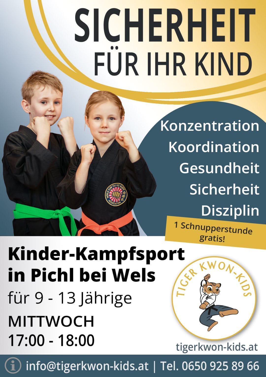 Flyer des Tiger Kwon - Kids Standorts in Pichl bei Wels mit Informationen zu Trainingsort und -zeit, illustriert durch fröhliche Jungen und Mädchen.