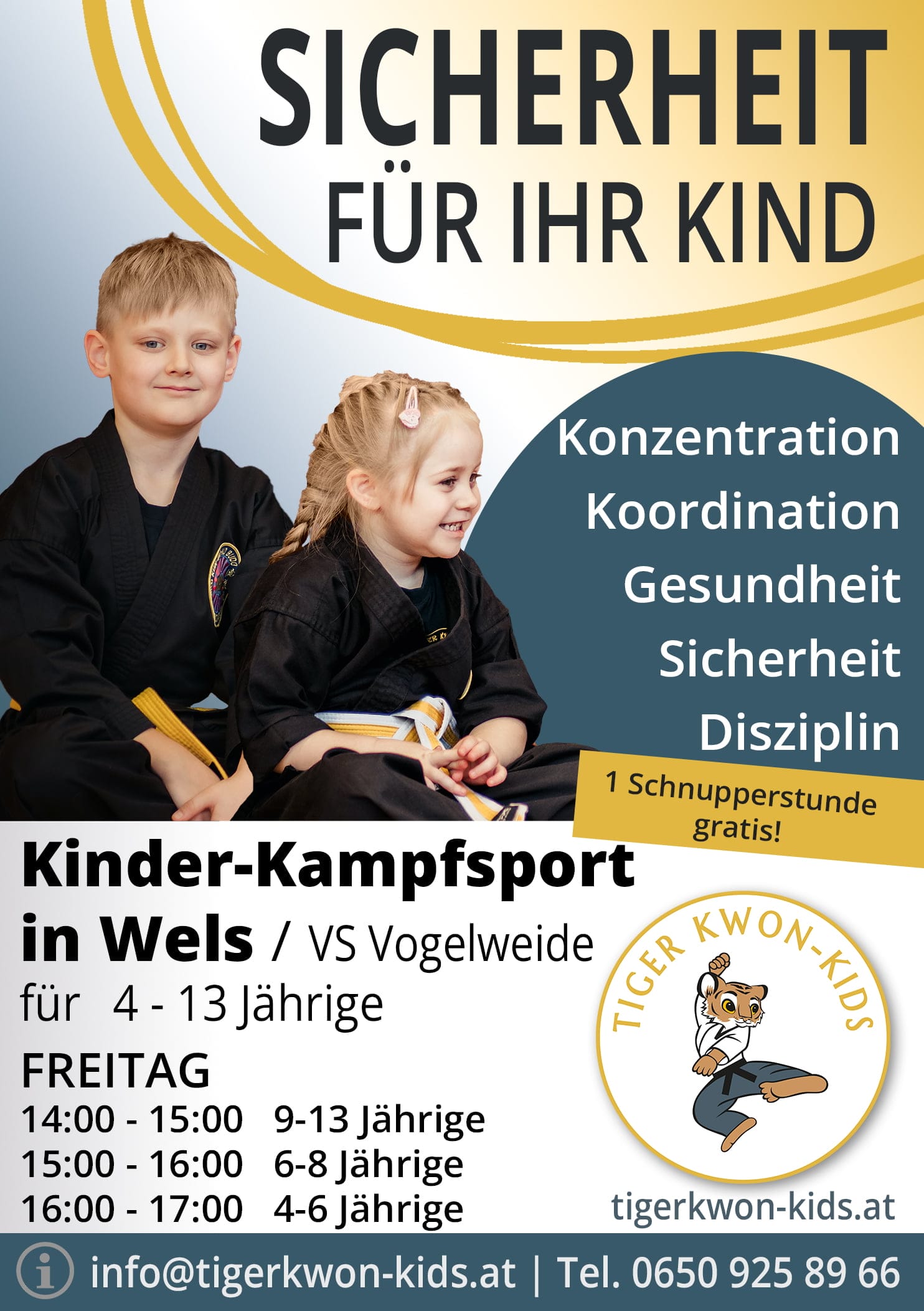 Flyer des Tiger Kwon - Kids Standorts in Wels mit Informationen zu Trainingsort und -zeit, illustriert durch fröhliche Jungen und Mädchen.